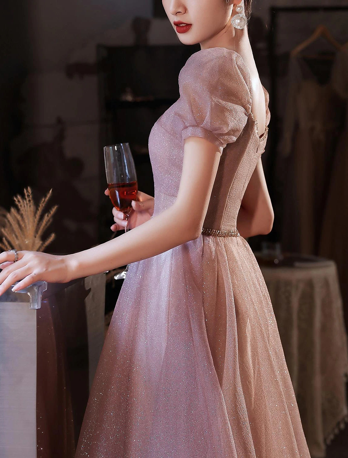 A-Line Beautiful Back Elegant Prom Formal Evening Birthday Dress Sweetheart Neckline Short Sleeve Floor Length Lace with Beading  / Puff Balloon Sleeve