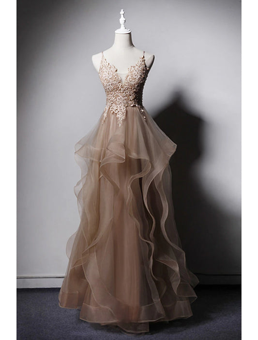 Vestidos de fiesta de corte A, sexys, formales, largos hasta el suelo, sin mangas, tirantes finos, encaje con volantes y apliques