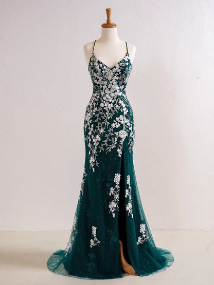 Vestido de fiesta largo de sirena con escote en V y apliques de cuentas
