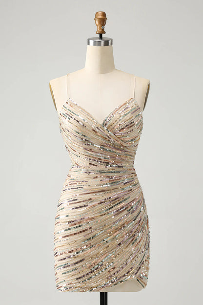 Glitter Spaghetti Straps Tight Short Homecoming Dress with Sequins