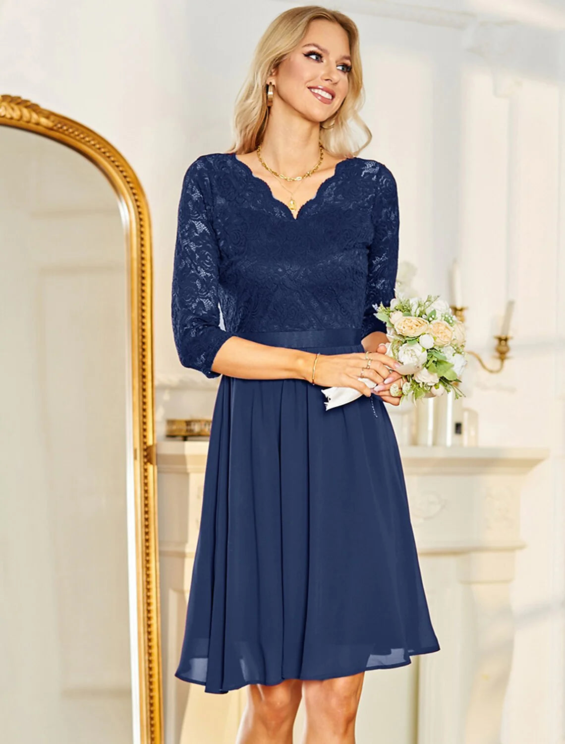 Vestidos de cóctel de corte A, minimalistas, para fiesta, hasta la rodilla, media manga, cuello en V, de gasa con pliegues