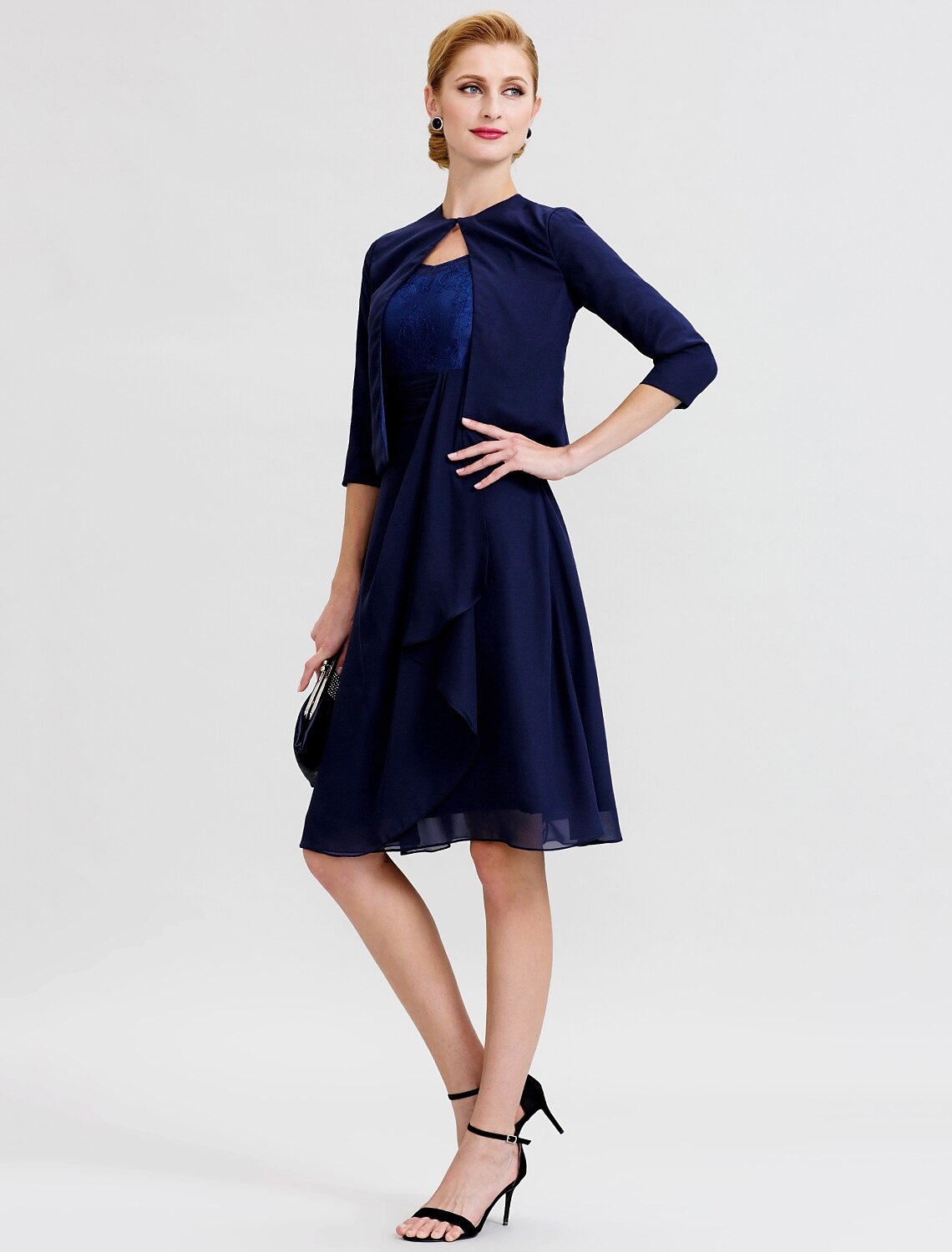 A-Line / Two Piece Jewel Neck Knee Length Chiffon / Corded Lace Mother of the Bride Dress with Sash / Ribbon