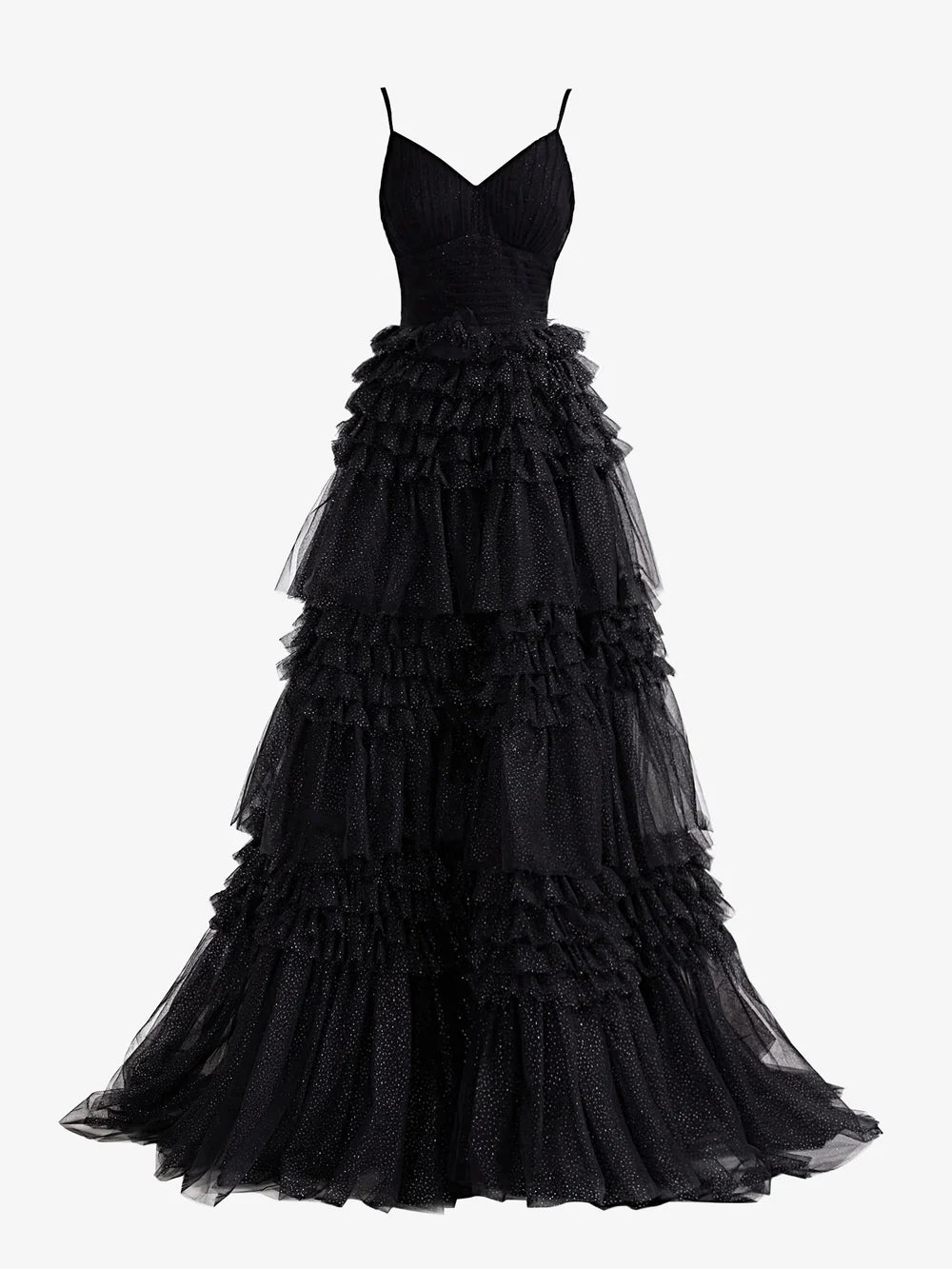 A-Line Deep V Neck Tiered Long Glitter Tulle Prom Dress
