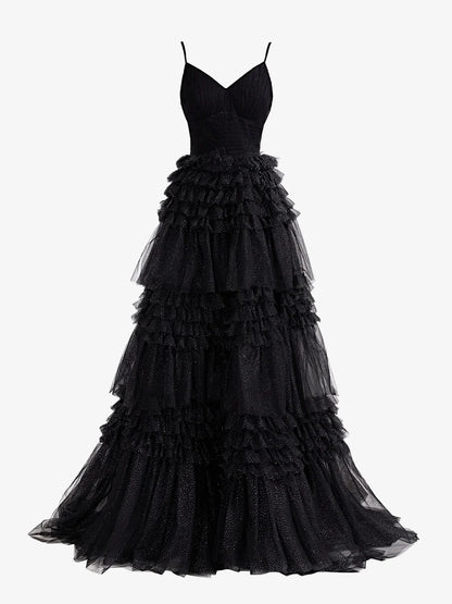 A-Line Deep V Neck Tiered Long Glitter Tulle Prom Dress