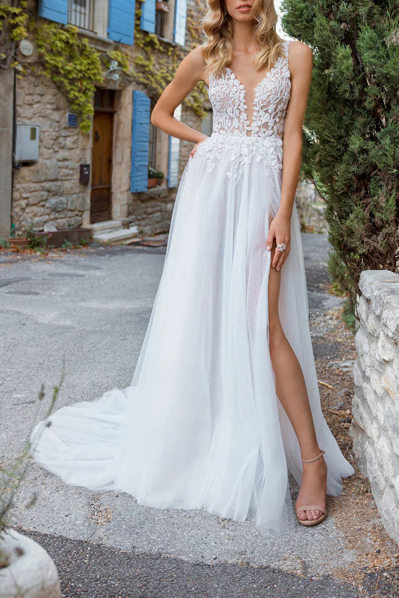 A Line Boho V Neck Lace Appliques Wedding Dress