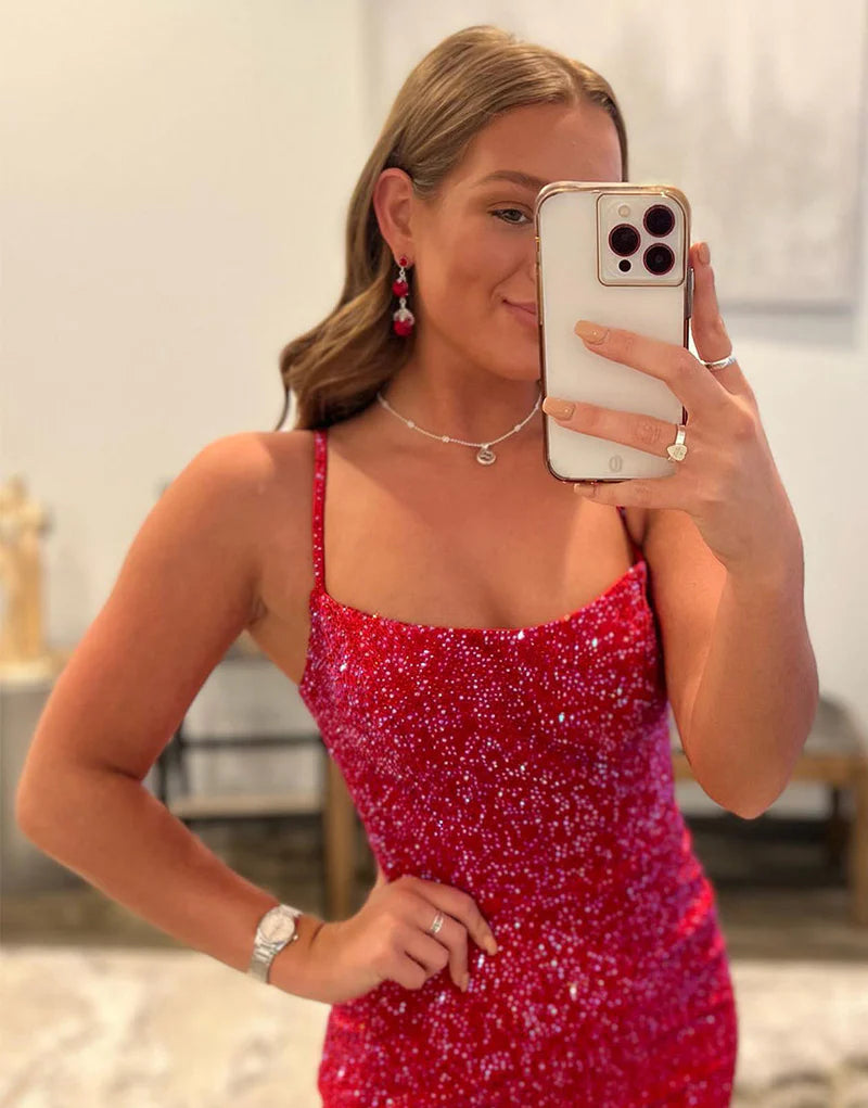 Sheath Beaded Satin Homecoming Dress with Slit