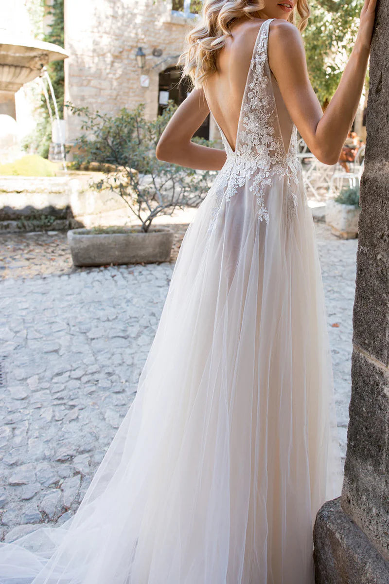 A Line V Neck Lace Appliques Boho Wedding Dress