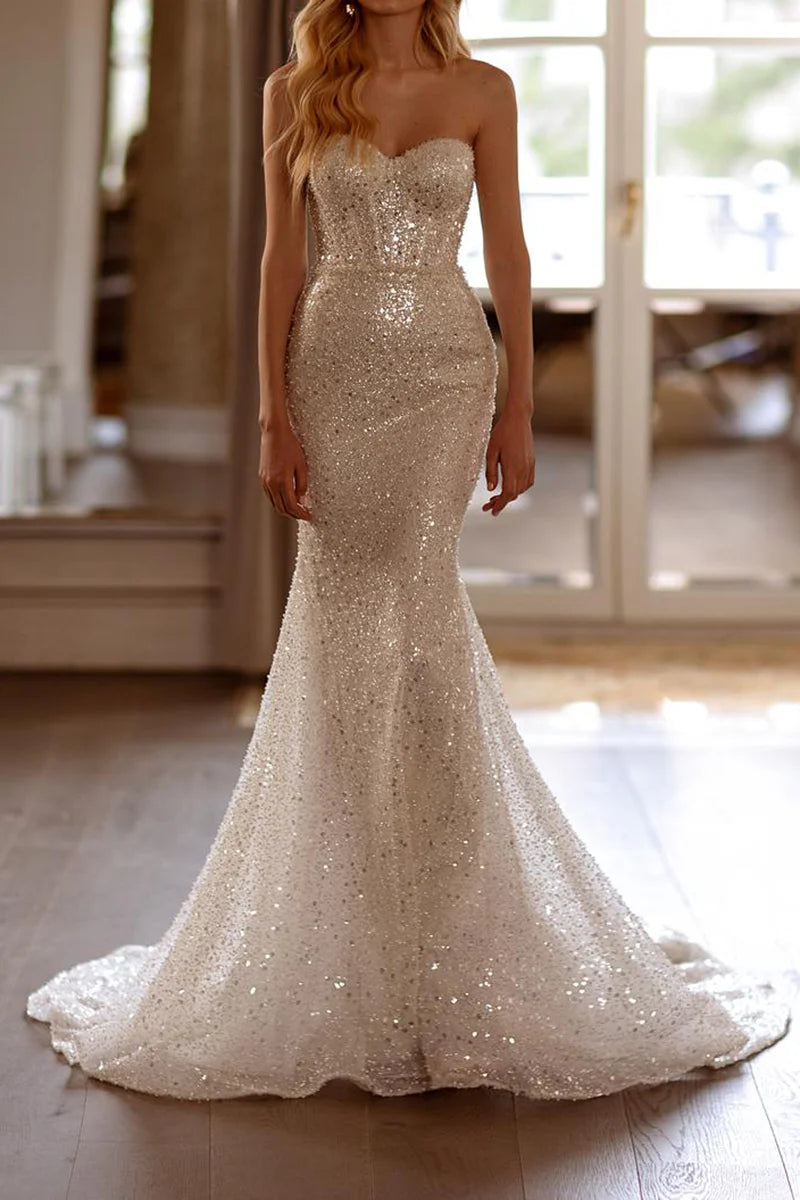 Mermaid Strapless Boho Long Wedding Dress