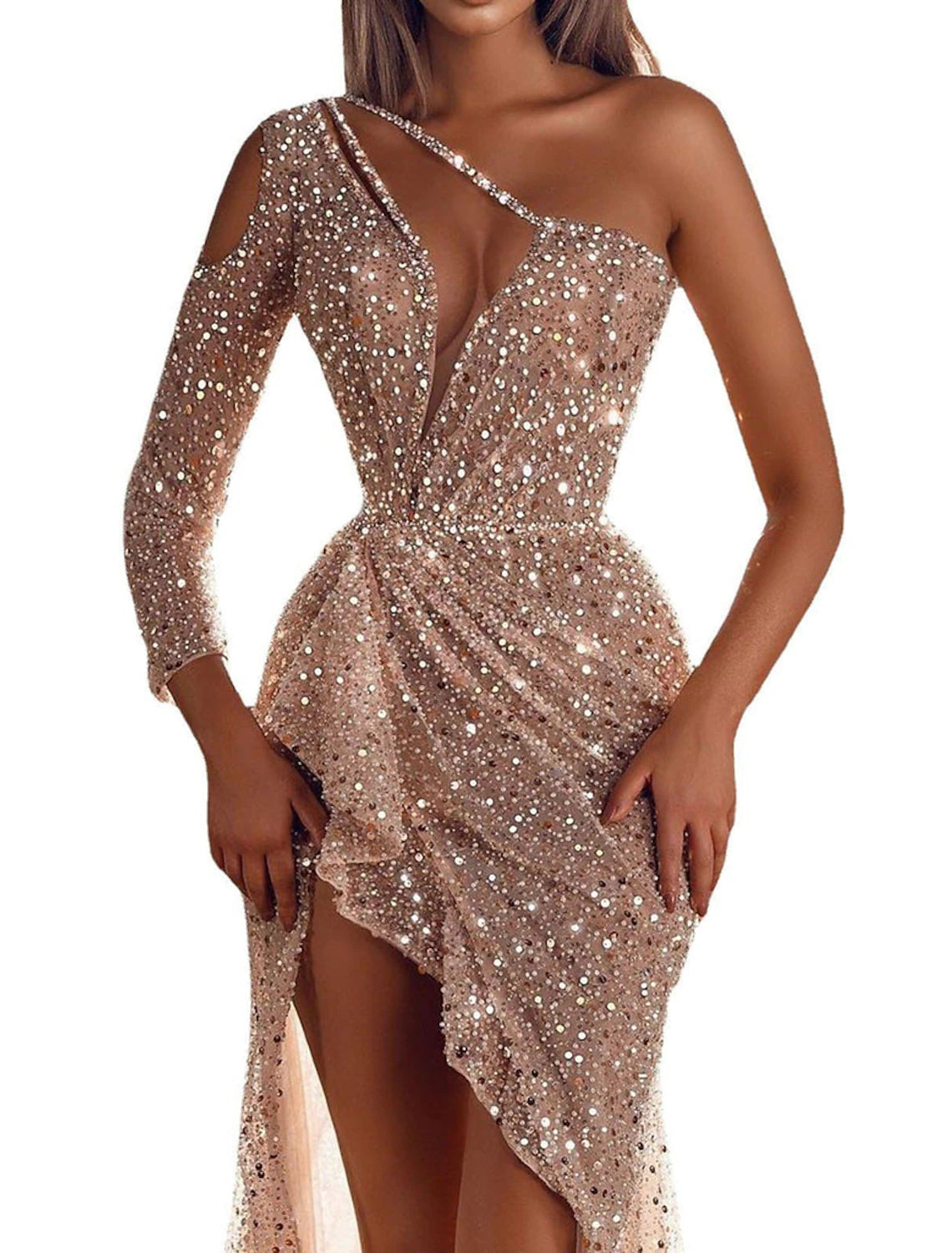 Vestidos de fiesta de sirena/trompeta, brillantes y con brillo, para invitados de boda, formales, de noche, con cola larga y un hombro, con lentejuelas