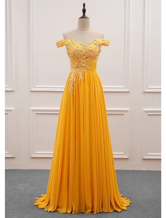 A-Linie Kleider für Hochzeitsgäste Elegantes Kleid Ballkleid Hochzeit Party Sweep/Pinsel Schleppe Ärmellos Schulterfrei Chiffon mit Applikationen
