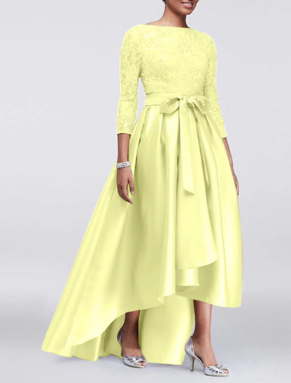 A-Line Mother of the Bride Dress Wedding Guest Elegant Plus Size High Low Jewel Neck Asymmetrical Satin Lace 3/4 Length Sleeve with Sash / Ribbon Appliques