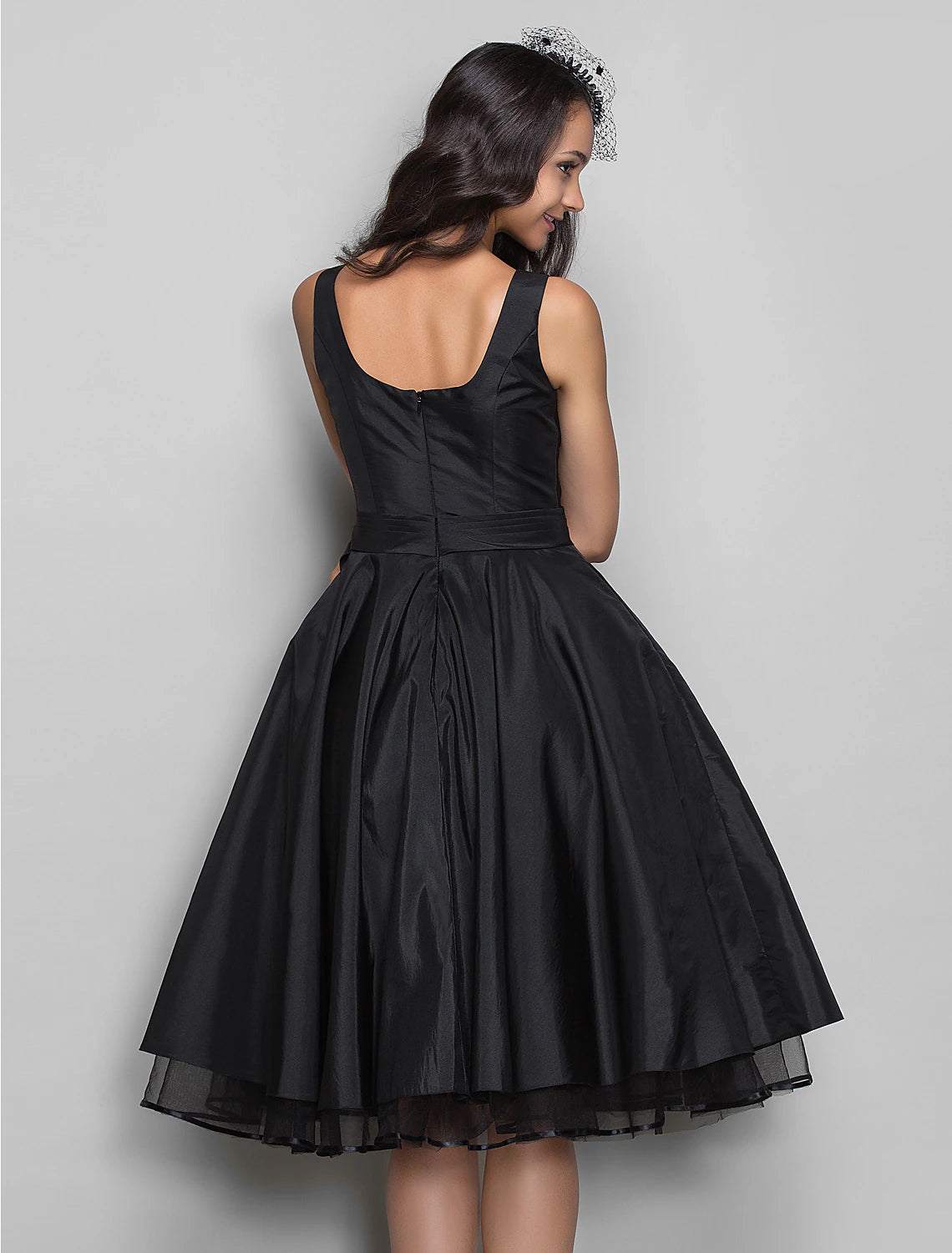 A-Line Cocktail Black Dress Vintage Dress Halloween Wedding Guest Knee Length Sleeveless V Neck Taffeta with Pleats Crystals