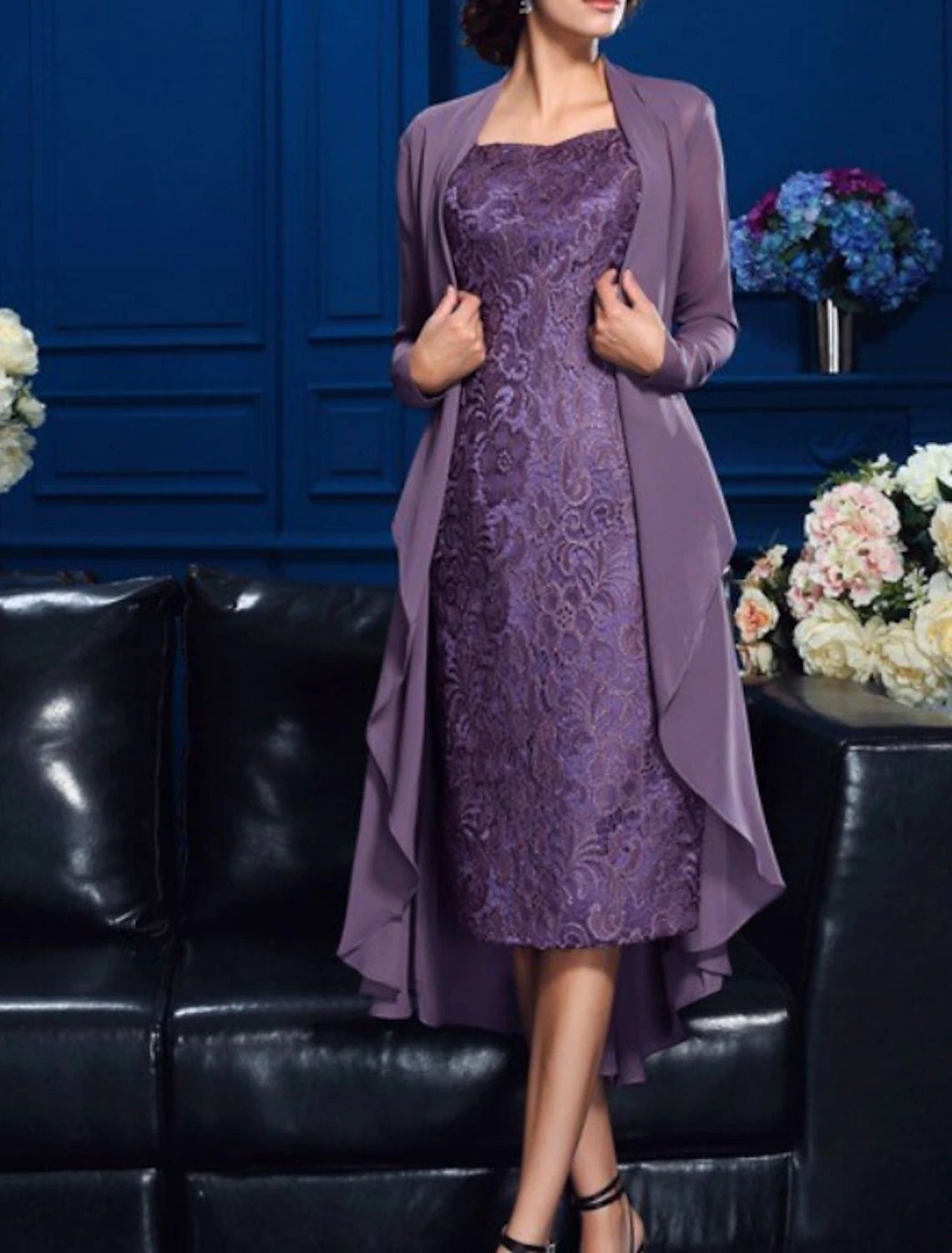 Two Piece Sheath / Column Mother of the Bride Dress Church Elegant Jewel Neck Knee Length Chiffon Lace Long Sleeve Jacket Dresses with Appliques