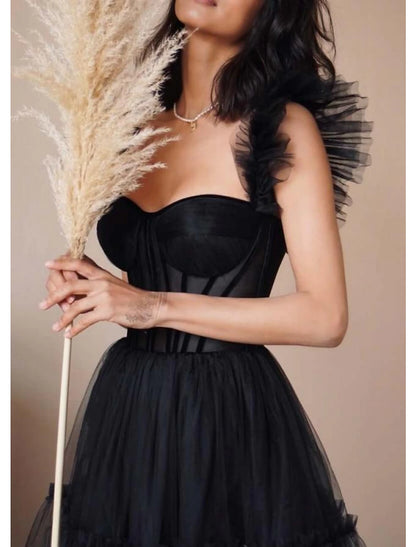 A-Linien-Abschlussballkleid in Schwarz, Vintage-Kleid, Maskerade, knöchellang, ärmellos, Sweetheart Wednesday, Addams Family, Tüll, überkreuzter Rücken mit Falten und Rüschen
