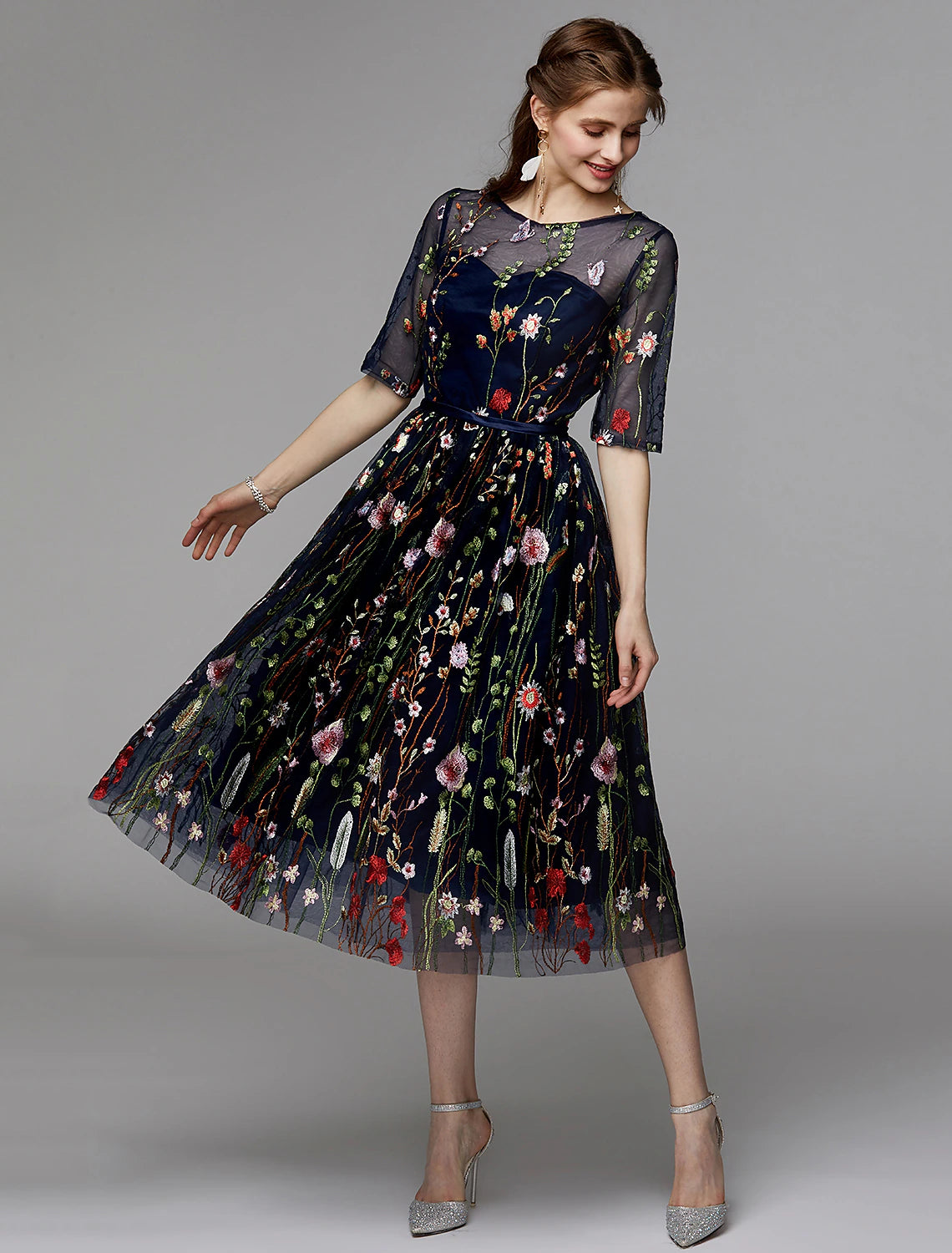 A-Linien-Partykleid für den Urlaub, Hochzeitsgast, knielang, Halbarm, Illusionsausschnitt, Herbst, Hochzeitsgast, Organza mit Stickapplikationen