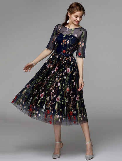 A-Linien-Partykleid für den Urlaub, Hochzeitsgast, knielang, Halbarm, Illusionsausschnitt, Herbst, Hochzeitsgast, Organza mit Stickapplikationen