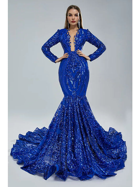 Vestido de noche elegante de sirena/trompeta, vestido de compromiso, cola capilla, manga larga, cuello joya, lentejuelas