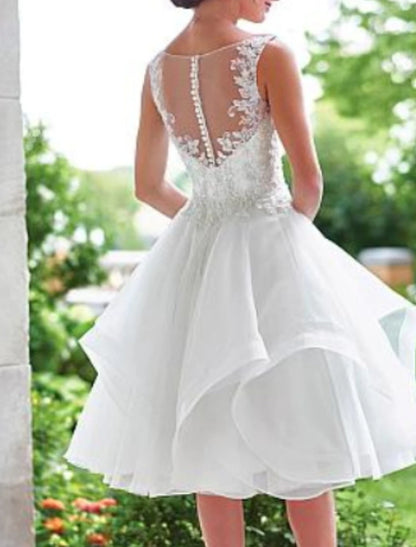 Vestidos de novia blancos cortos vintage de los años 40/50, corte A, escote en V, sin mangas, hasta la rodilla, de encaje, con apliques y volantes en cascada.