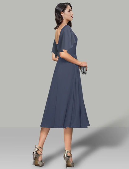 A-Line Wedding Guest Dresses Cocktail Party Kentucky Derby Tea Length Short Sleeve Cowl Neck Belt / Sash Chiffon with Rhinestone