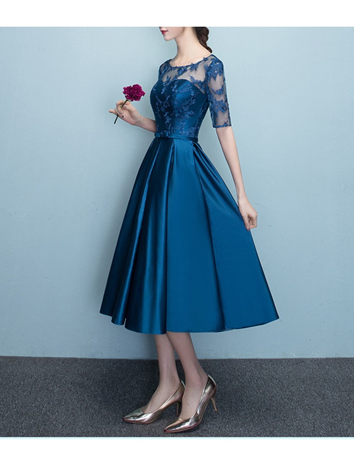 A-Line Mother of the Bride Dress Elegant Vintage Jewel Neck Tea Length Satin Lace Half Sleeve with Bow(s) Pleats