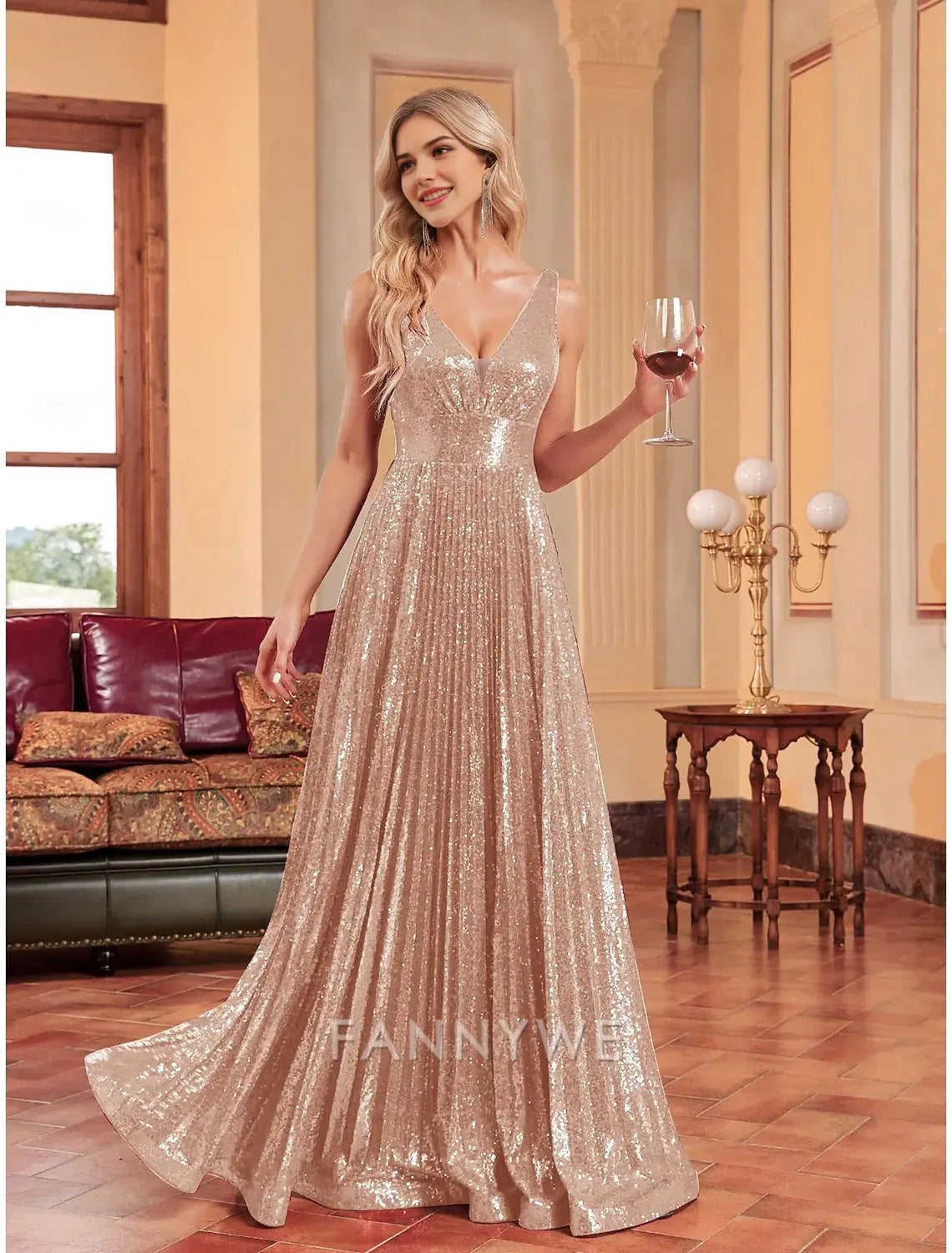 FannyWe Simple A-Line Prom Dresses Party Dress Evening Party Cocktail Party Floor Length Sleeveless Plunge Neck Polyester with Glitter Knief Pleats