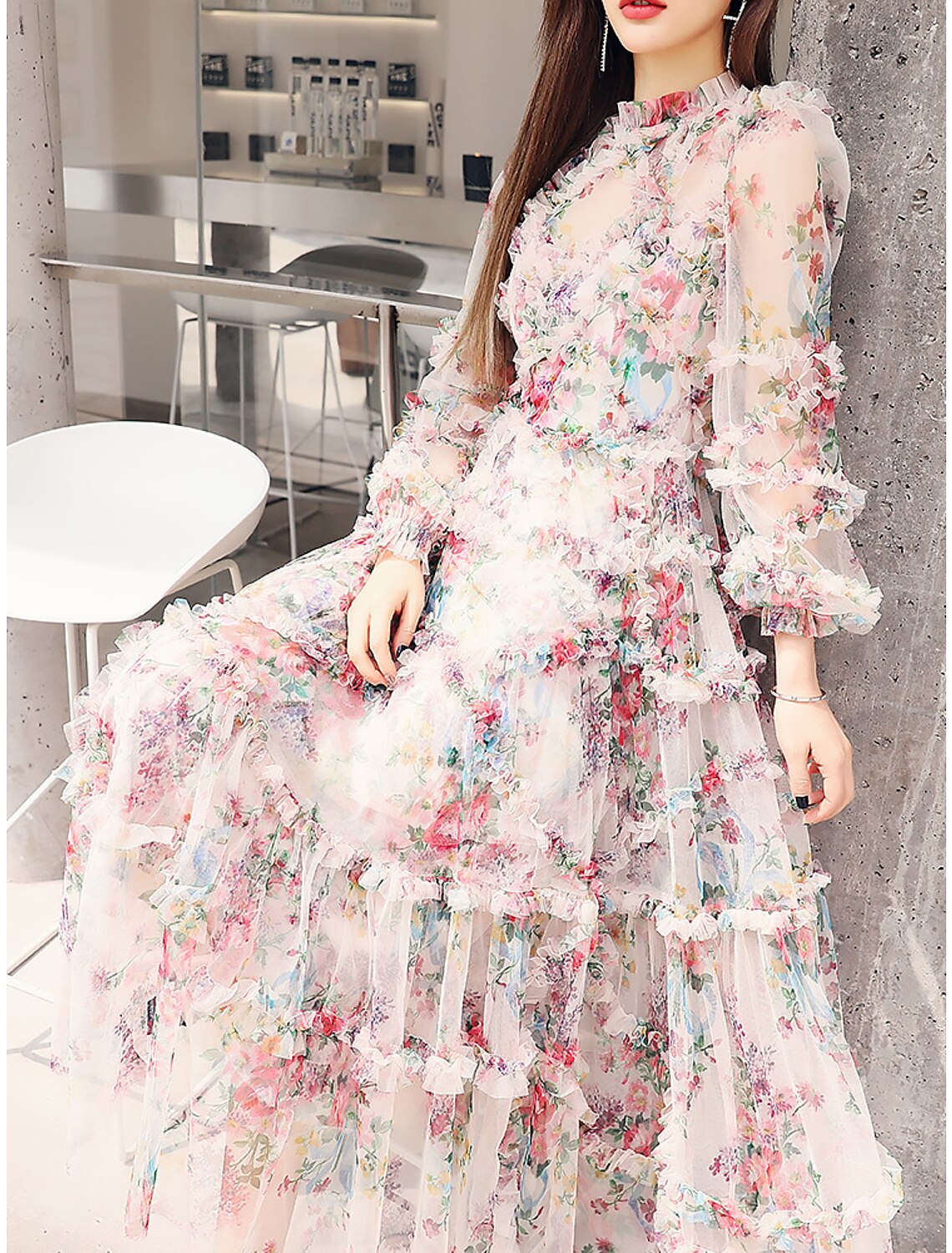 A-Line Prom Dresses Floral Dress Wedding Guest Engagement Ankle Length Long Sleeve Jewel Neck Polyester with Ruffles Pattern / Print