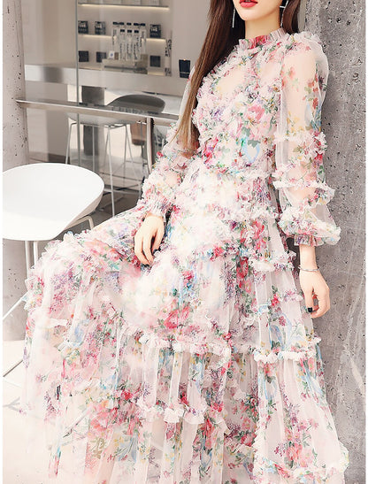 A-Line Prom Dresses Floral Dress Wedding Guest Engagement Ankle Length Long Sleeve Jewel Neck Polyester with Ruffles Pattern / Print