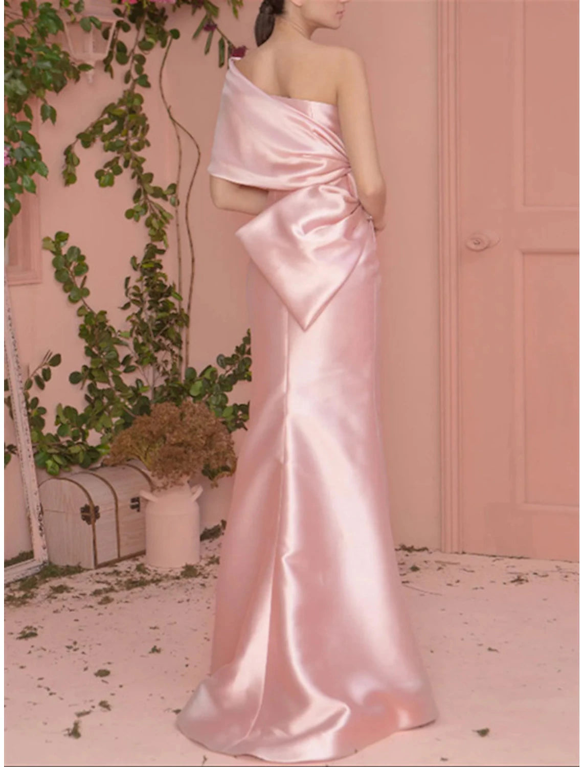 Mermaid / Trumpet Prom Dresses Elegant Dress Engagement Formal Evening Floor Length Short Sleeve One Shoulder Satin with Bow(s)