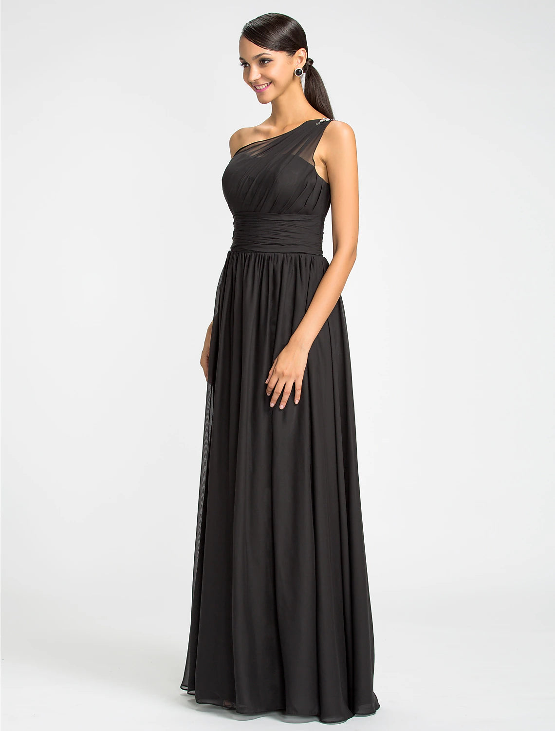 A-Line / Ball Gown One Shoulder Floor Length Chiffon Bridesmaid Dress with Beading / Sash / Ribbon / Side Draping
