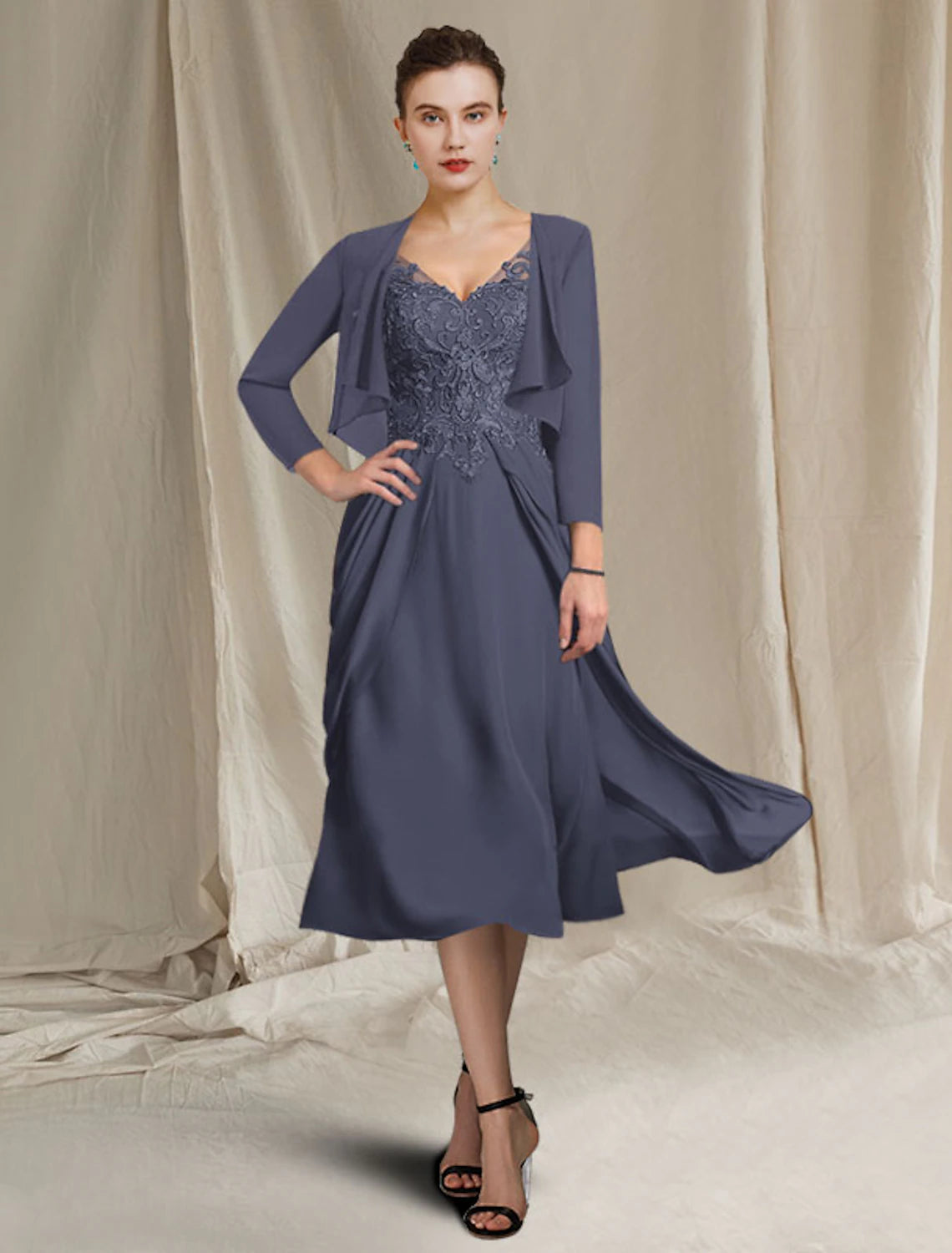 Vestido de madre de la novia de corte A, talla grande, elegante, escote en V, largo hasta la rodilla, de gasa, encaje, manga corta, cruzado, incluido con apliques