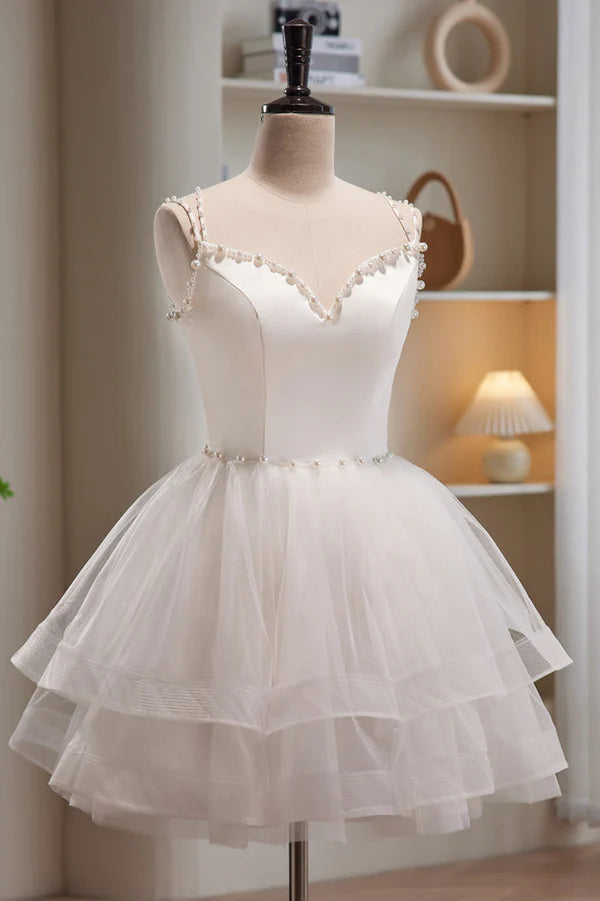 Vestidos de fiesta cortos de tul con tirantes finos y corte A
