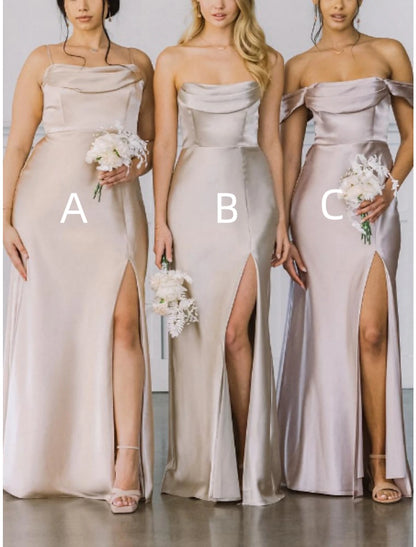 A-Line Bridesmaid Dress Spaghetti Strap / Strapless / Off Shoulder Sleeveless Elegant Floor Length Stretch Satin with Split Front / Ruching
