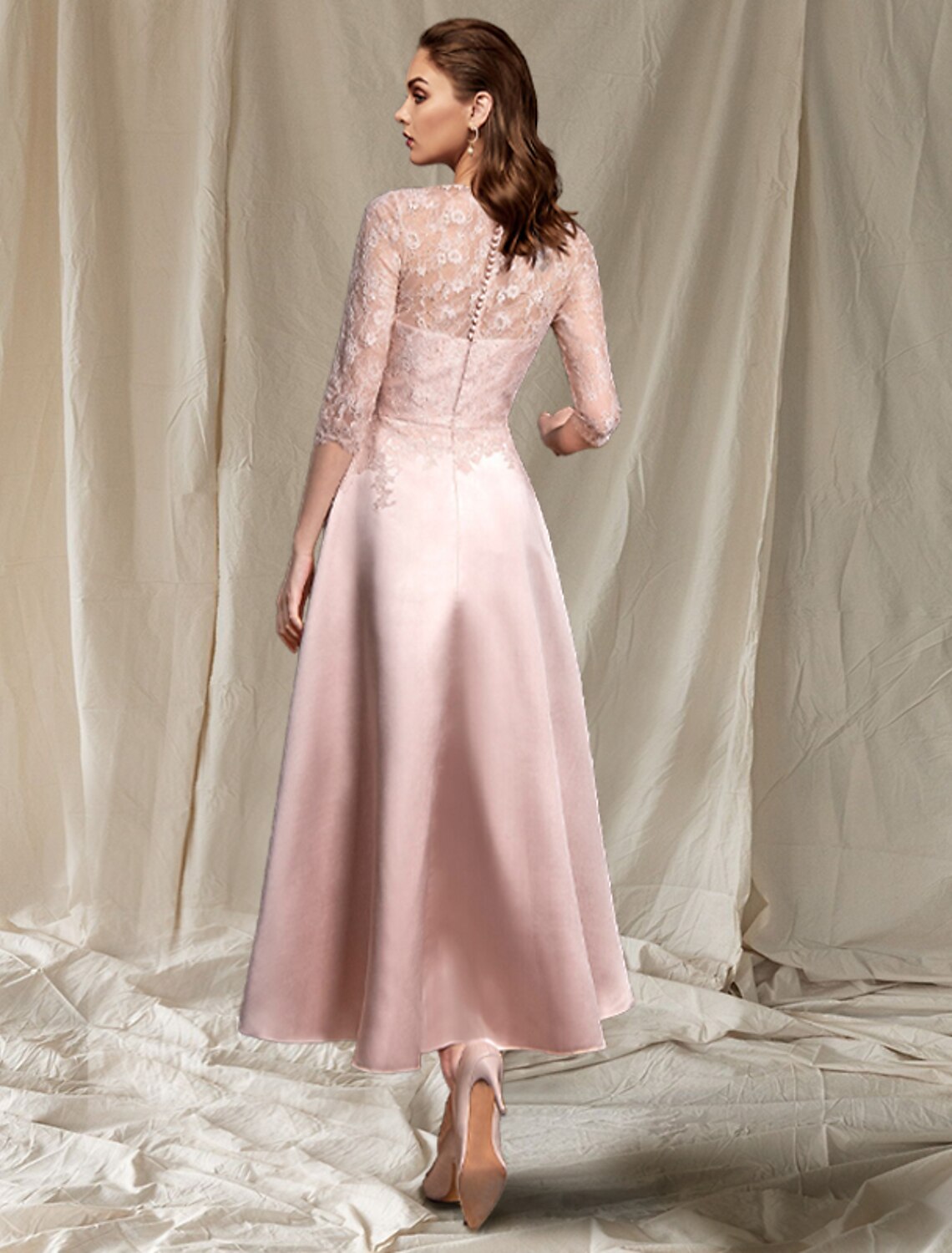 A-Line Mother of the Bride Dress Elegant Jewel Neck Tea Length Satin Lace Half Sleeve with Pleats