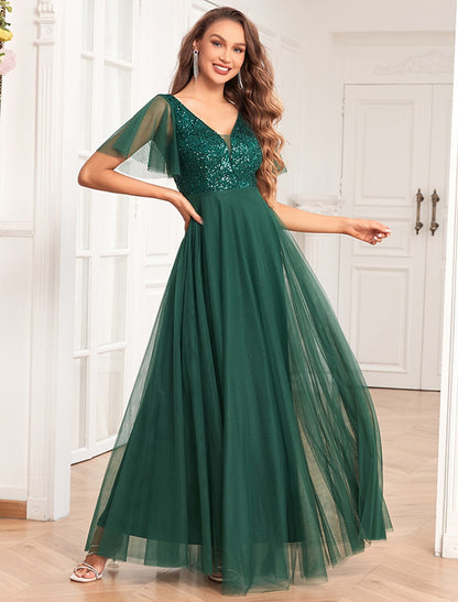 Vestidos de fiesta de corte A, vestido imperio, vestido de noche, vestido de fiesta, largo hasta el suelo, manga corta, cuello en V, gasa, espalda en V con lentejuelas brillantes