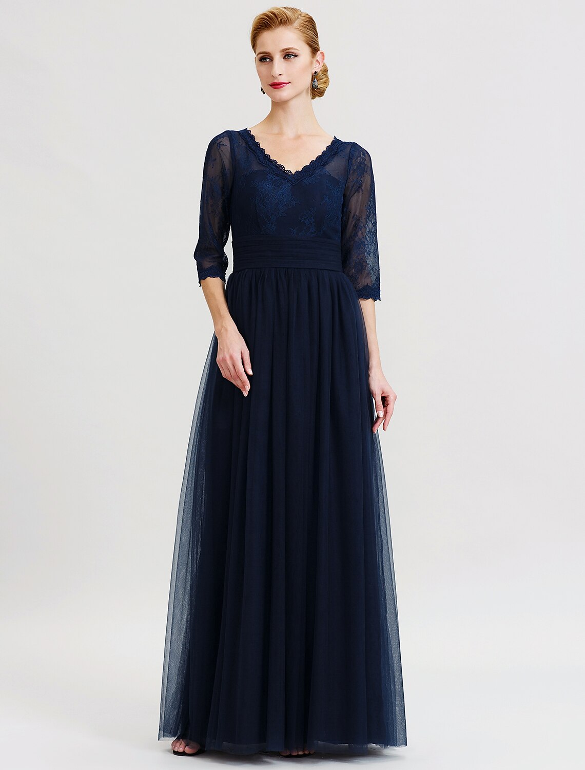 Ball Gown A-Line Mother of the Bride Dress Beautiful Back See Through V Neck Floor Length Tulle Sheer Lace 3/4 Length Sleeve with Sash / Ribbon Pleats