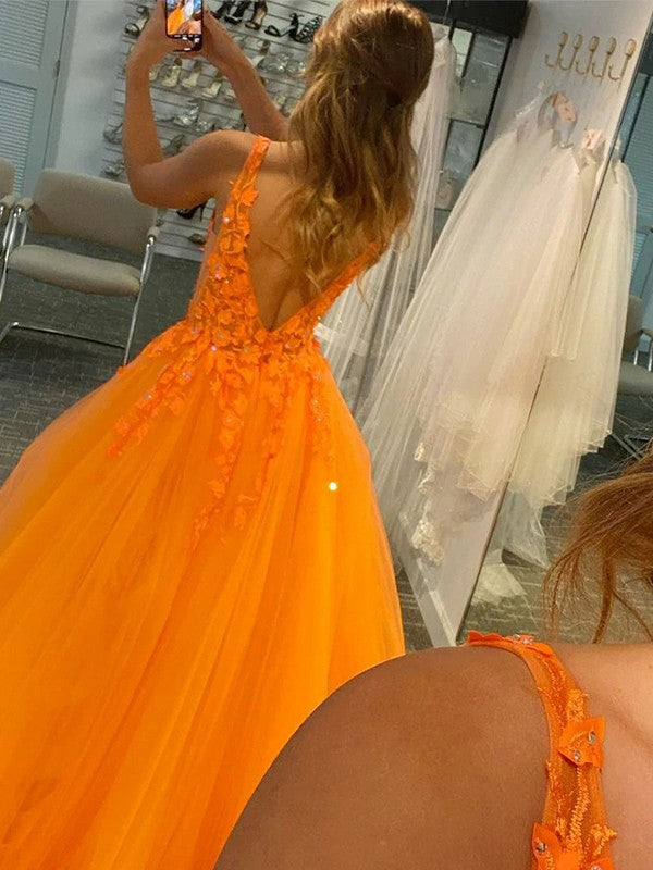 Vestido de fiesta de tul con apliques, escote en V, sin mangas, con cola larga