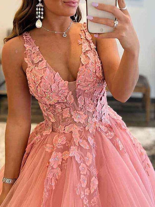 Vestido de fiesta de tul con apliques, escote en V, sin mangas, con cola larga