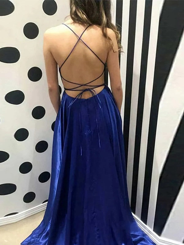 Vestidos de corte A/princesa, satén tipo seda, volantes, tirantes finos, sin mangas, con cola larga
