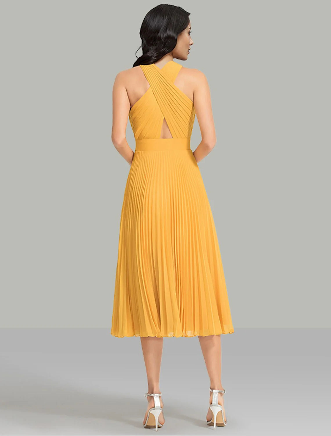 Vestidos de invitada de boda de corte A, elegante vestido de cóctel, fiesta de bodas, largo hasta la rodilla, sin mangas, cuello halter, gasa con fruncido