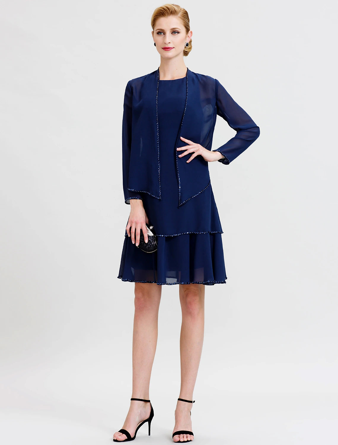 Vestido de gasa para madre de la novia, de dos piezas, con escote redondo, largo hasta la rodilla, con cuentas y lentejuelas.