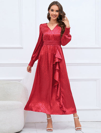 Vestidos de fiesta de corte A, elegantes, formales, de otoño, largos hasta los tobillos, mangas largas, cuello en V, de satén con volantes estampados