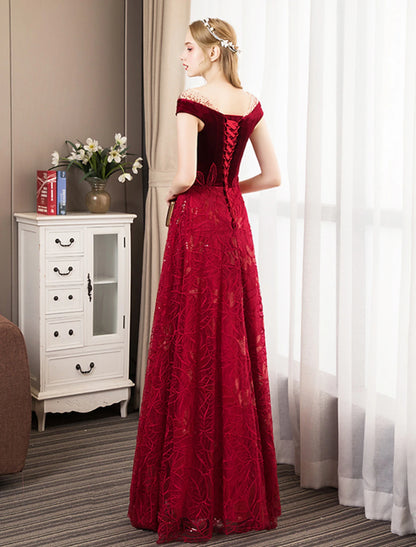 A-Line Prom Dresses Glittering Dress Engagement Prom Floor Length Short Sleeve Jewel Neck Tulle with Pleats Crystals Pattern / Print