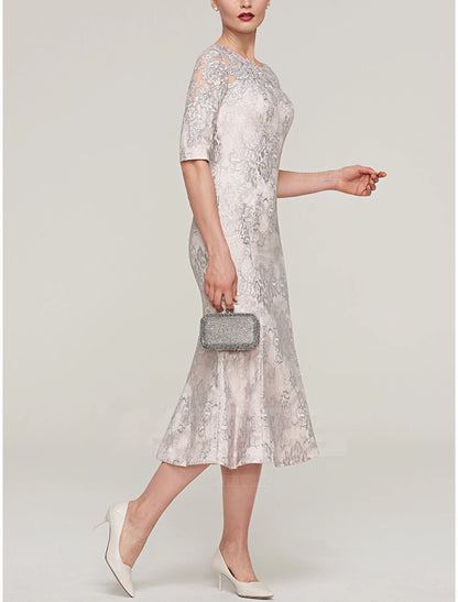 Mermaid / Trumpet Mother of the Bride Dress Wedding Guest Elegant Petite Jewel Neck Tea Length Stretch Satin Imitated Silk Half Sleeve with Lace Pleats