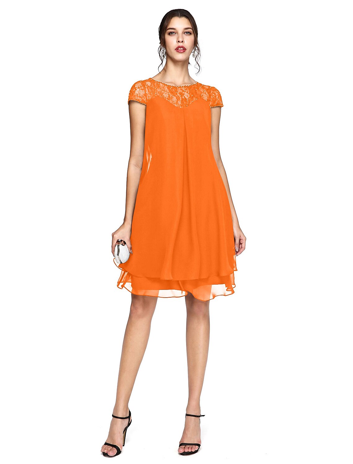 Vestido de madre de la novia de corte A, talla grande, elegante, cuello ilusión, largo hasta la rodilla, gasa, encaje, manga corta con lentejuelas