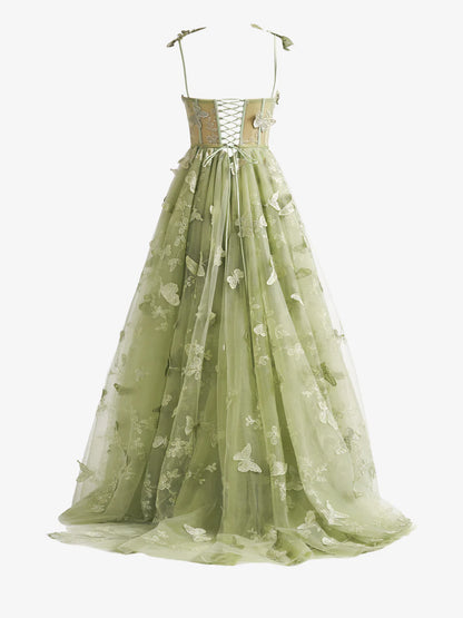 A-line Butterfly Lace Corset Prom Dress with Slit