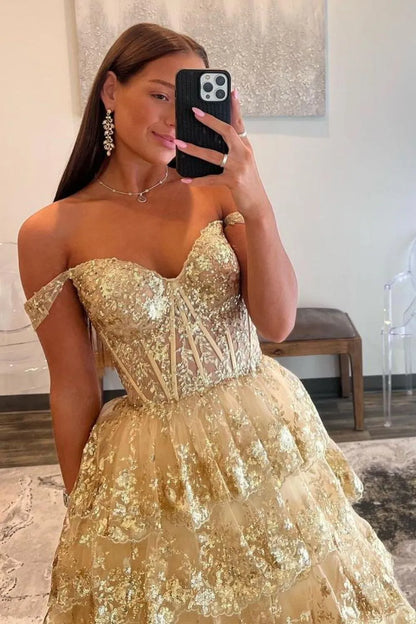A-Line Off The Shoulder Lace Up Long Prom Dress with Sequin