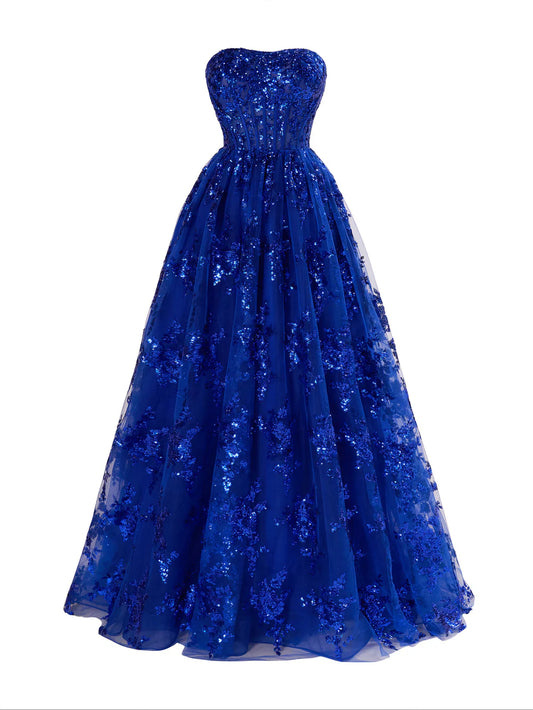 A Line Pleating Strapless Long Prom Dress With Applique