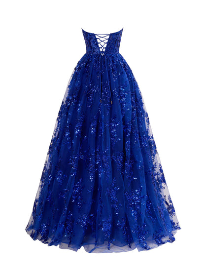 A Line Pleating Strapless Long Prom Dress With Applique