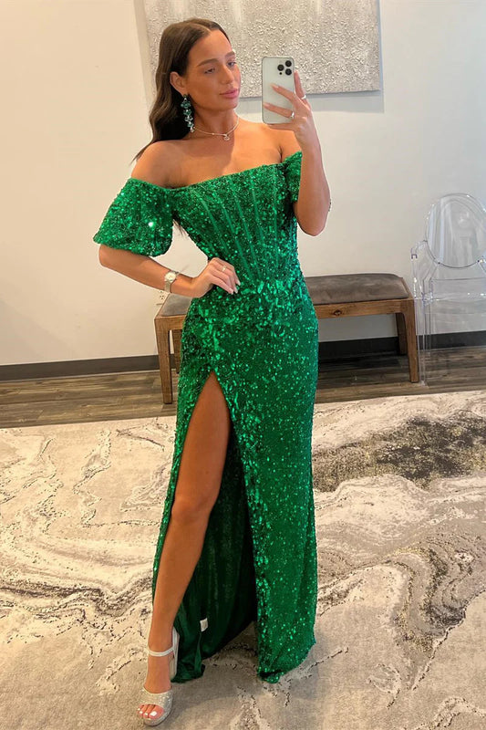 Vestido de fiesta largo con lentejuelas y hombros descubiertos