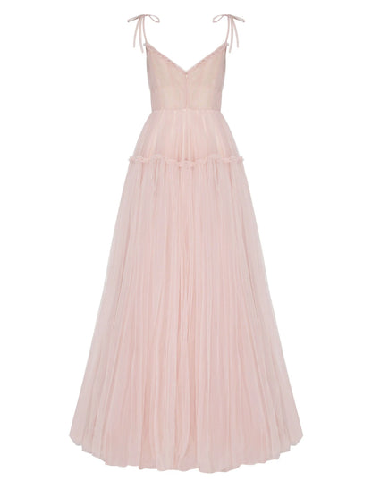 A-Line Prom Party Dress Elegant Dress Wedding Guest Prom Floor Length Sleeveless Spaghetti Strap Tulle with Pleats Ruffles